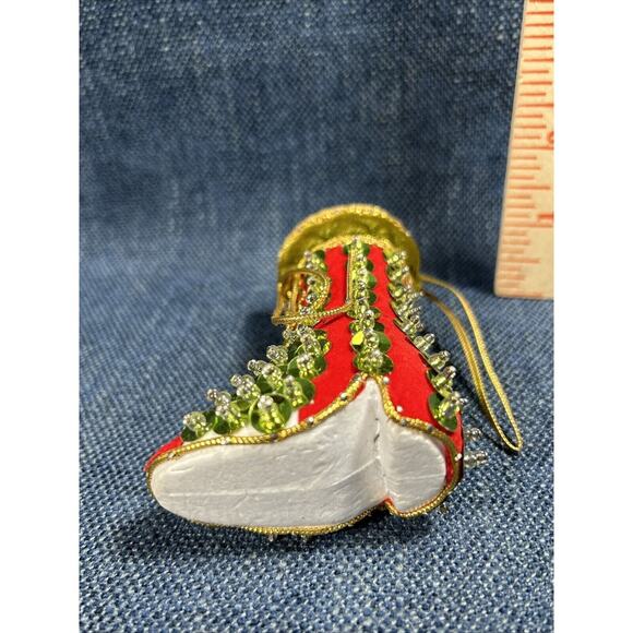 Vintage push pin Sequin Elf Boot Ornament 3.5” Handmade Christmas Holiday - Picture 7 of 8